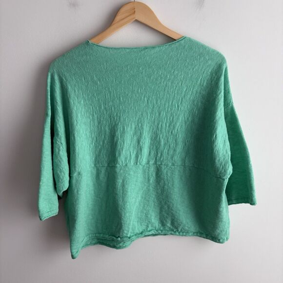 J Jill Sweater XS Petite Women’s Oversize Cotton Linen Boxy Cropped Green Top - Picture 3 of 8